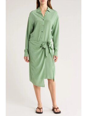 Theory Sarong Women's Long Sleeve Midi Shirt Dress in Leaf Size 0